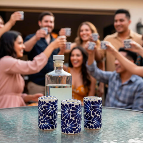 Talavera Mexican Hand-Painted Ceramic Shot Glasses Set of 4-2 Oz Brushstroke Design (Blue Brushstroke White Background)