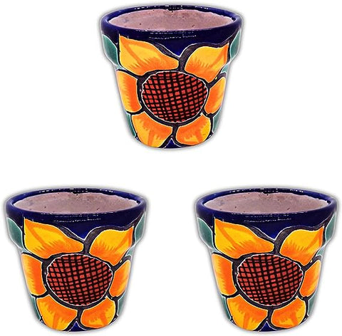 Talavera Hand-Painted Pottery Planters - Set of 3 (Sunflowers 3.1") - MEXTEQUIL: MEXICRAFT IMPORTS LLC