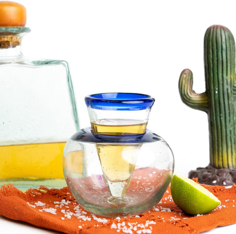Self-Chilling Tequila Shot Glasses with Built-in Ice Bowl | Hand-Blown Mexican Glassware with Cobalt Blue Rim | 2 oz Lead-Free | Unique Bar Gift for Tequila & Mezcal Lovers