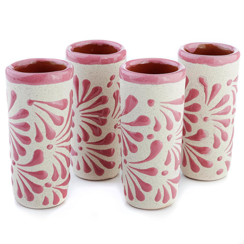 Handcrafted Ceramic Shot Glasses, White Floral Pattern, Terracotta Interior, Set of 4, Traditional Mexican Design (White Floral Pattern)