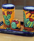 Talavera Set of 2 Shot Glasses, Salt & Tray - 2 Oz (Cactus) - MEXTEQUIL: MEXICRAFT IMPORTS LLC