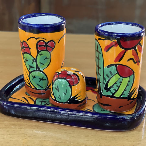 Talavera Set of 2 Shot Glasses, Salt & Tray - 2 Oz (Cactus) - MEXTEQUIL: MEXICRAFT IMPORTS LLC