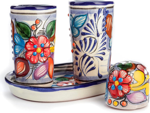 Talavera Tequila Shot Glasses with Tray & Salt Shaker (Set of 2) - Hand-Painted Authentic Mexican Gift Set (Puebla)