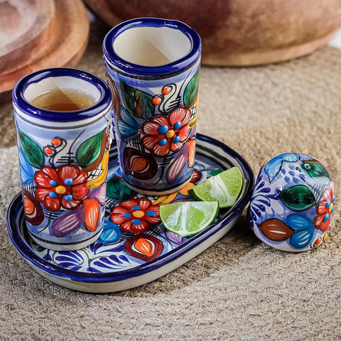 Talavera Tequila Shot Glasses with Tray & Salt Shaker (Set of 2) - Hand-Painted Authentic Mexican Gift Set (Puebla)