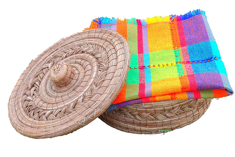 Tortilla Warmer Basket Pine Needle Handwoven with Handloomed Cloth (Natura Rim) - MEXTEQUIL: MEXICRAFT IMPORTS LLC