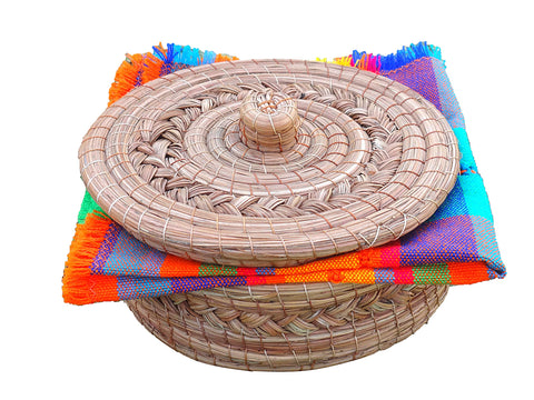 Tortilla Warmer Basket Pine Needle Handwoven with Handloomed Cloth (Natura Rim) - MEXTEQUIL: MEXICRAFT IMPORTS LLC