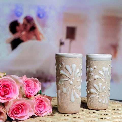 Handcrafted Ceramic Shot Glasses, White Floral Pattern, Terracotta Interior, Set of 4, Traditional Mexican Design (White Floral Pattern)