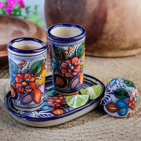 Talavera Tequila Shot Glasses with Tray & Salt Shaker (Set of 2) - Hand-Painted Authentic Mexican Gift Set (Puebla)