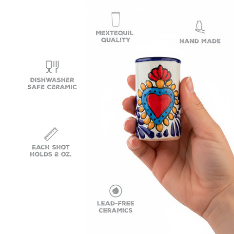 Hand-Painted Talavera Tequila Shot Glasses – Azure Heart | Set of 4 - MEXTEQUIL
