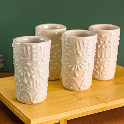 Talavera Shot Glasses - Set of 4 - 2 Oz (White Lace) - MEXTEQUIL: MEXICRAFT IMPORTS LLC