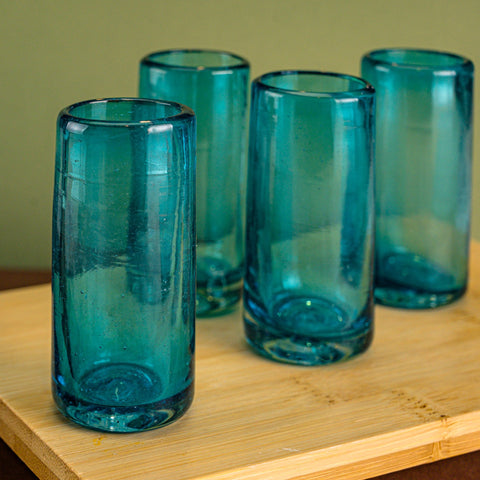 Hand Blown Shot Glasses - Set of 4 - 2 Oz (Aqua) - MEXTEQUIL: MEXICRAFT IMPORTS LLC