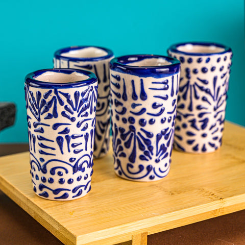 Talavera Shot Glasses - Set of 4 - 2 Oz (Blue Lace) - MEXTEQUIL: MEXICRAFT IMPORTS LLC