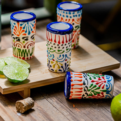 Talavera Shot Glasses - Set of 4 - 2 Oz (Colors Lace) - MEXTEQUIL: MEXICRAFT IMPORTS LLC