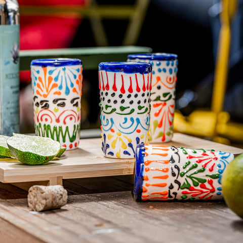 Talavera Shot Glasses - Set of 4 - 2 Oz (Colors Lace) - MEXTEQUIL: MEXICRAFT IMPORTS LLC