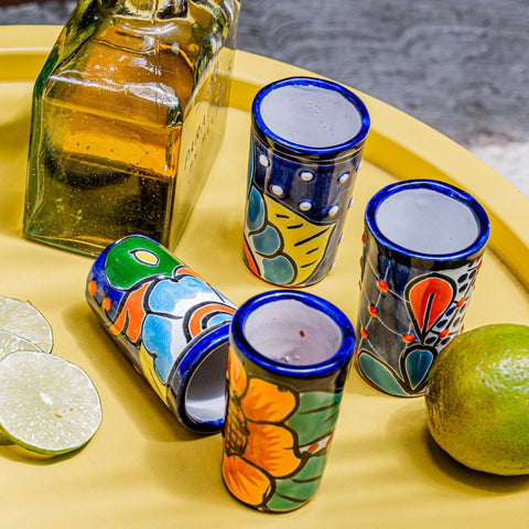 Talavera Shot Glasses - Set of 4 - 2 Oz (Flowers) - MEXTEQUIL: MEXICRAFT IMPORTS LLC