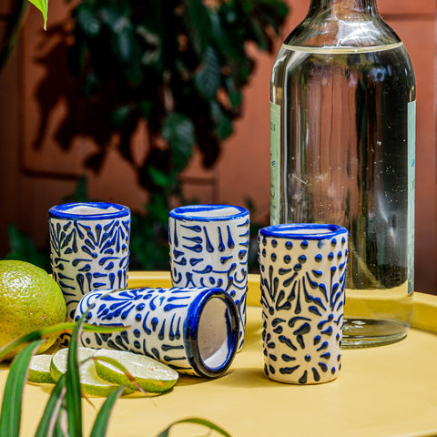 Talavera Shot Glasses - Set of 4 - 2 Oz (Blue Lace) - MEXTEQUIL: MEXICRAFT IMPORTS LLC