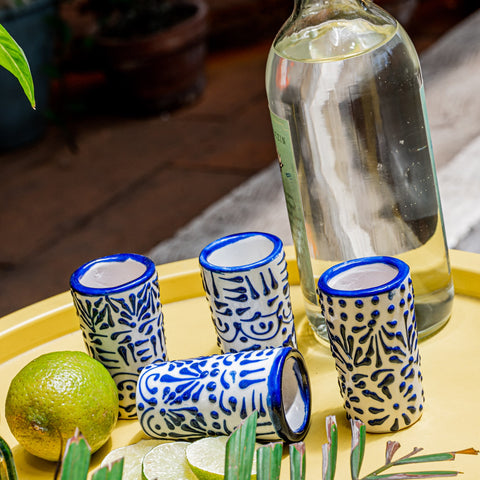 Talavera Shot Glasses - Set of 4 - 2 Oz (Blue Lace) - MEXTEQUIL: MEXICRAFT IMPORTS LLC