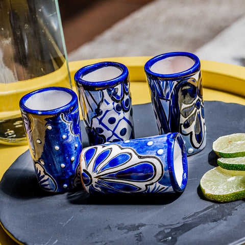 Talavera Shot Glasses - Set of 4 - 2 Oz (Classic Blue) - MEXTEQUIL: MEXICRAFT IMPORTS LLC