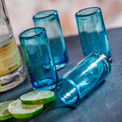 Hand Blown Shot Glasses - Set of 4 - 2 Oz (Aqua) - MEXTEQUIL: MEXICRAFT IMPORTS LLC