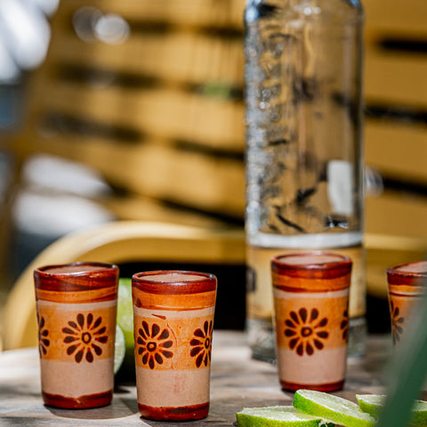 Terracotta Shot Glasses - Set of 4 - 2 Oz (Flowers) - MEXTEQUIL: MEXICRAFT IMPORTS LLC