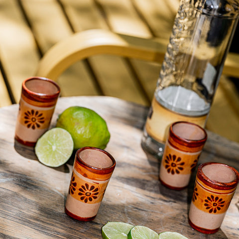 Terracotta Shot Glasses - Set of 4 - 2 Oz (Flowers) - MEXTEQUIL: MEXICRAFT IMPORTS LLC