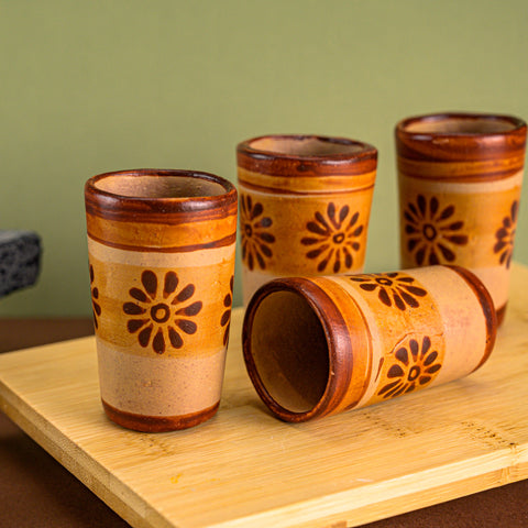 Terracotta Shot Glasses - Set of 4 - 2 Oz (Flowers) - MEXTEQUIL: MEXICRAFT IMPORTS LLC