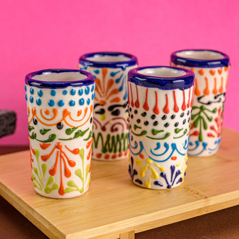 Talavera Shot Glasses - Set of 4 - 2 Oz (Colors Lace) - MEXTEQUIL: MEXICRAFT IMPORTS LLC