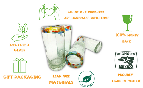 Hand Blown Shot Glasses - Set of 4 - 2 Oz (Confetti Rim) - MEXTEQUIL: MEXICRAFT IMPORTS LLC