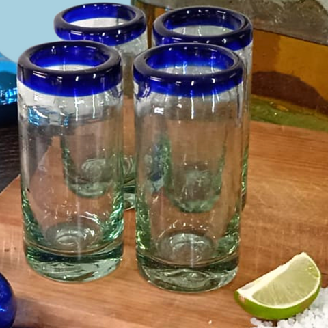 Hand Blown Shot Glasses - Set of 4 - 2 Oz (Cobalt Rim) - MEXTEQUIL: MEXICRAFT IMPORTS LLC