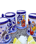 Talavera Shot Glasses - Set of 4 - 2 Oz (Blue/Flowers w/Handle) - MEXTEQUIL: MEXICRAFT IMPORTS LLC