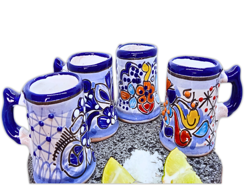 Talavera Shot Glasses - Set of 4 - 2 Oz (Blue/Flowers w/Handle) - MEXTEQUIL: MEXICRAFT IMPORTS LLC