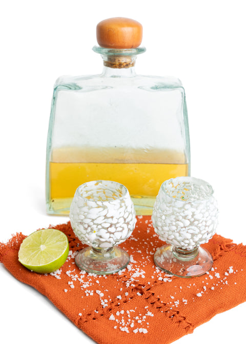 Mini Glass Snifters Hand Blown Shot Glasses - Set of 4 - 2 oz (White Confetti) - MEXTEQUIL: MEXICRAFT IMPORTS LLC