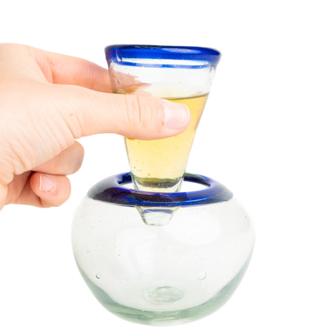 Hand Blown Shot Glass with Cooler- 2 Oz (Blue Rim) - MEXTEQUIL: MEXICRAFT IMPORTS LLC