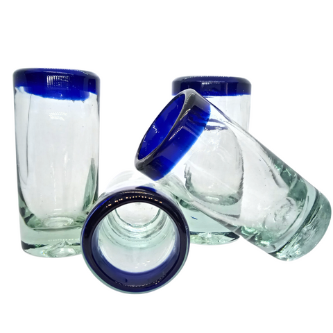 Hand Blown Shot Glasses - Set of 4 - 2 Oz (Cobalt Rim) - MEXTEQUIL: MEXICRAFT IMPORTS LLC