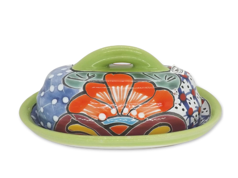 Butter Dish Ceramic Talavera with Lid Hand Painted (Green) - MEXTEQUIL: MEXICRAFT IMPORTS LLC