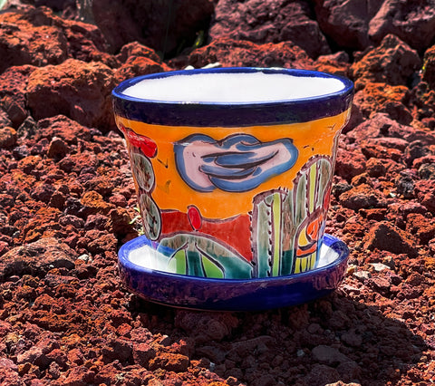 MEXTEQUIL - Talavera Mexican Pottery Planters with Saucer 4" Rancherito - Cactus - Sun Pot Hand Painted Ceramic Plant Pot Planter Indoor Outdoor (Rancherito) - MEXTEQUIL: MEXICRAFT IMPORTS LLC