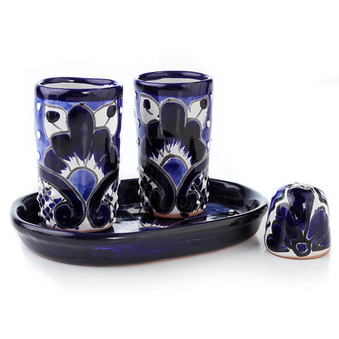 Juego de 2 vasos tequileros con salero y bandeja - 60 mL - Azul 