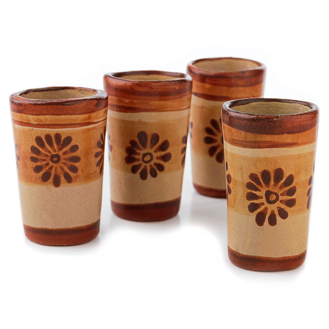 Handcrafted Canelo Clay Terracotta Shot Glasses – Flowers | Set of 4 | 2 oz - MEXTEQUIL