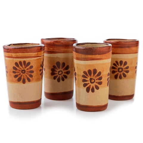 Handcrafted Canelo Clay Terracotta Shot Glasses – Flowers | Set of 4 | 2 oz - MEXTEQUIL