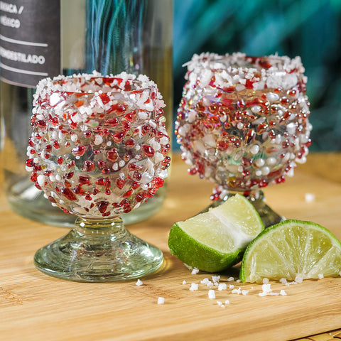 Mini Glass Snifters Hand Blown Shot Glasses - Set of 4 - 2 oz (Confetti Red & White) - MEXTEQUIL: MEXICRAFT IMPORTS LLC