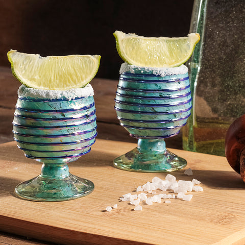 Mini Glass Snifters Hand Blown Shot Glasses - Set of 4 - 2 oz (Sapphire Spiral) - MEXTEQUIL: MEXICRAFT IMPORTS LLC