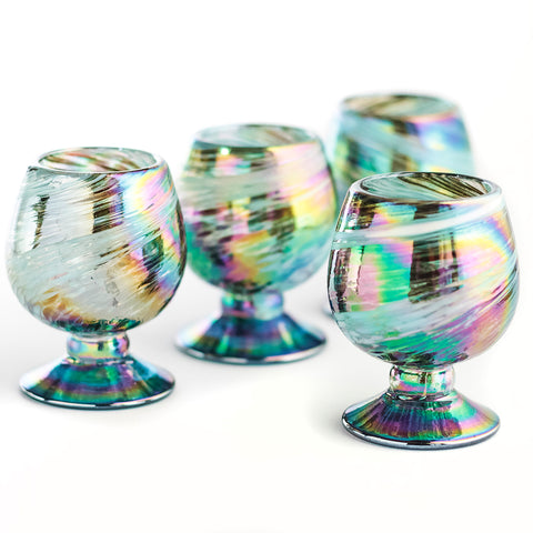 Mini Glass Snifters Hand Blown Shot Glasses - Set of 4 - 2 oz (Aurora Borealis) - MEXTEQUIL: MEXICRAFT IMPORTS LLC