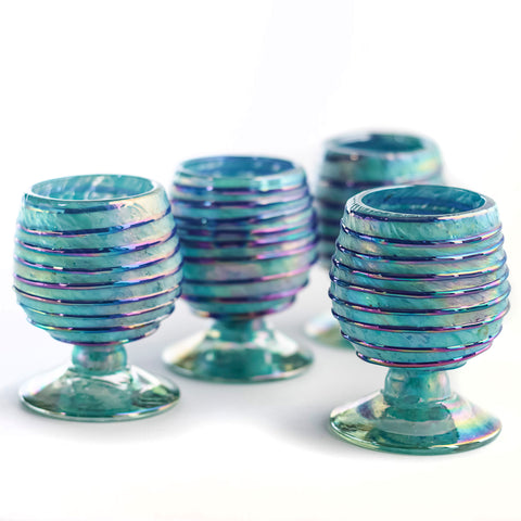 Mini Glass Snifters Hand Blown Shot Glasses - Set of 4 - 2 oz (Sapphire Spiral) - MEXTEQUIL: MEXICRAFT IMPORTS LLC