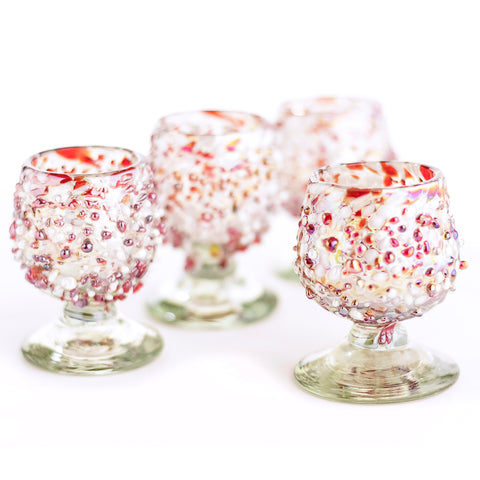 Mini Glass Snifters Hand Blown Shot Glasses - Set of 4 - 2 oz (Confetti Red & White) - MEXTEQUIL: MEXICRAFT IMPORTS LLC