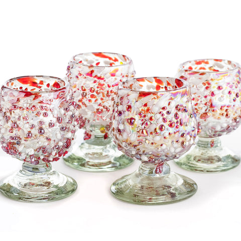 Mini Glass Snifters Hand Blown Shot Glasses - Set of 4 - 2 oz (Confetti Red & White) - MEXTEQUIL: MEXICRAFT IMPORTS LLC