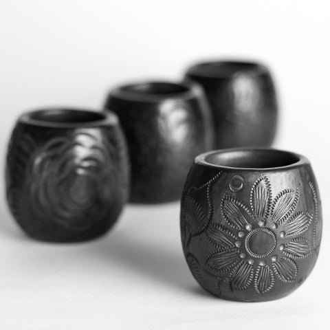 Black Clay Mexican Shot Glasses - Set of 4 - 2 Oz (Barrel) - MEXTEQUIL: MEXICRAFT IMPORTS LLC