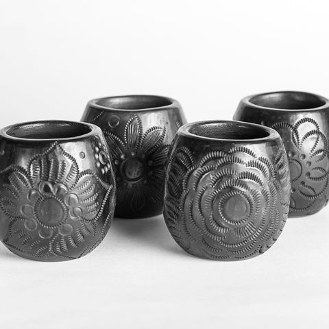 Black Clay Mexican Shot Glasses - Set of 4 - 2 Oz (Barrel) - MEXTEQUIL: MEXICRAFT IMPORTS LLC