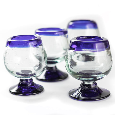 Mini Glass Snifters Hand Blown Shot Glasses - Set of 4 - 2 oz (Cobalt Blue Rim) - MEXTEQUIL: MEXICRAFT IMPORTS LLC