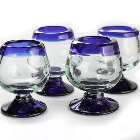 Mini Glass Snifters Hand Blown Shot Glasses - Set of 4 - 2 oz (Cobalt Blue Rim) - MEXTEQUIL: MEXICRAFT IMPORTS LLC