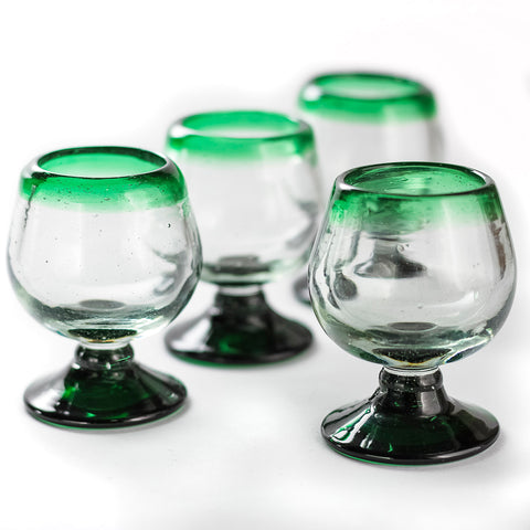 Mini Glass Snifters Hand Blown Shot Glasses - Set of 4 - 2 oz (Green Rim) - MEXTEQUIL: MEXICRAFT IMPORTS LLC